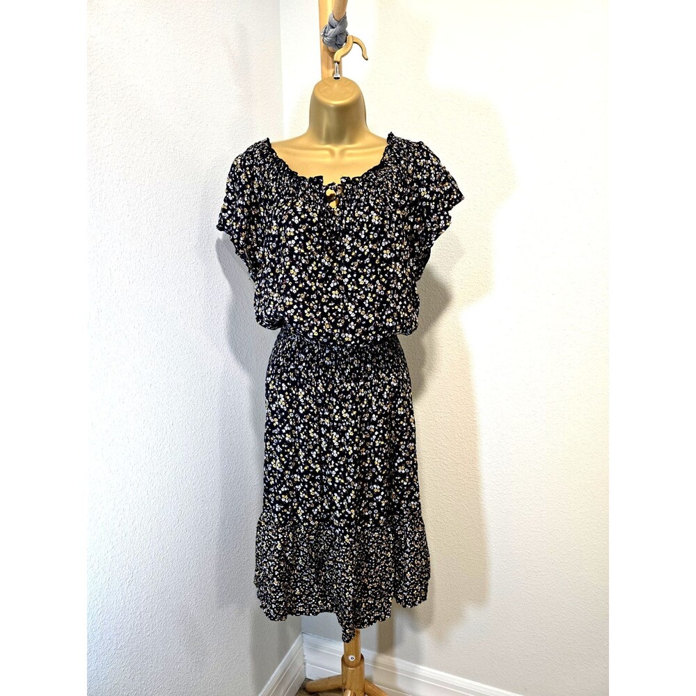 Fat Face Black Ditsy Floral Dress Sz 10 Ruffle Stretch Waist Garden Dark Cottage